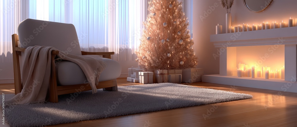 Obraz premium A cheerful scene of a living room with a tall Christmas tree adorned with colorful decorations, stockings hung, and a glowing fireplace