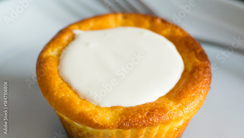 Delicious cheesecake with sour cream on a plate. Breakfast concept for the family