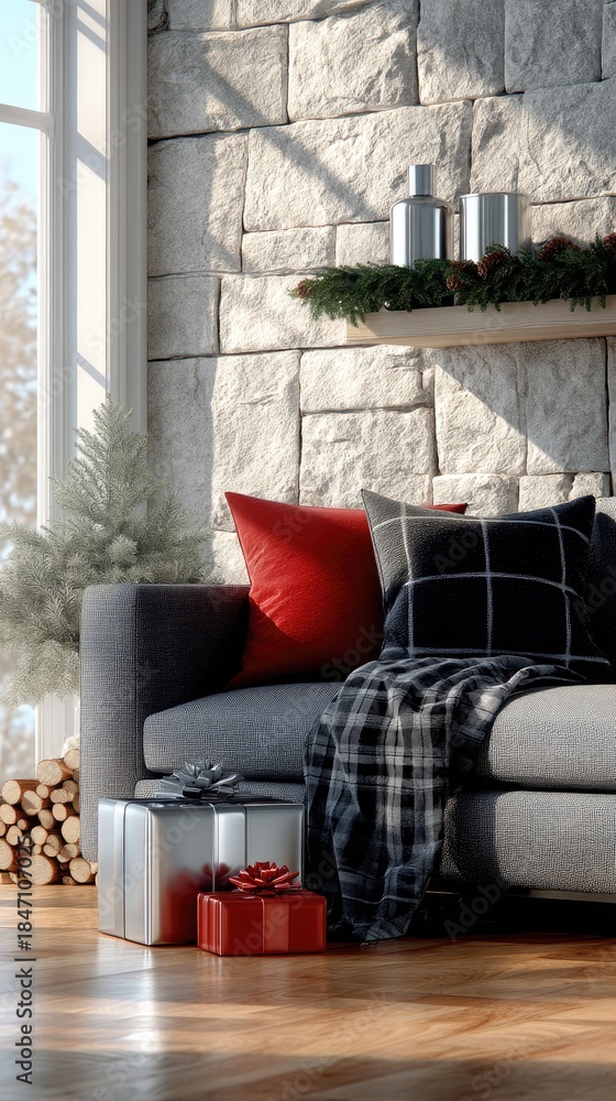 Obraz premium A warm living space featuring a stone fireplace, decorated tree, and holiday presents, creating a festive atmosphere for winter
