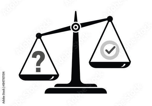 Scales of Justice Weighing Question Mark Against Check Mark.
