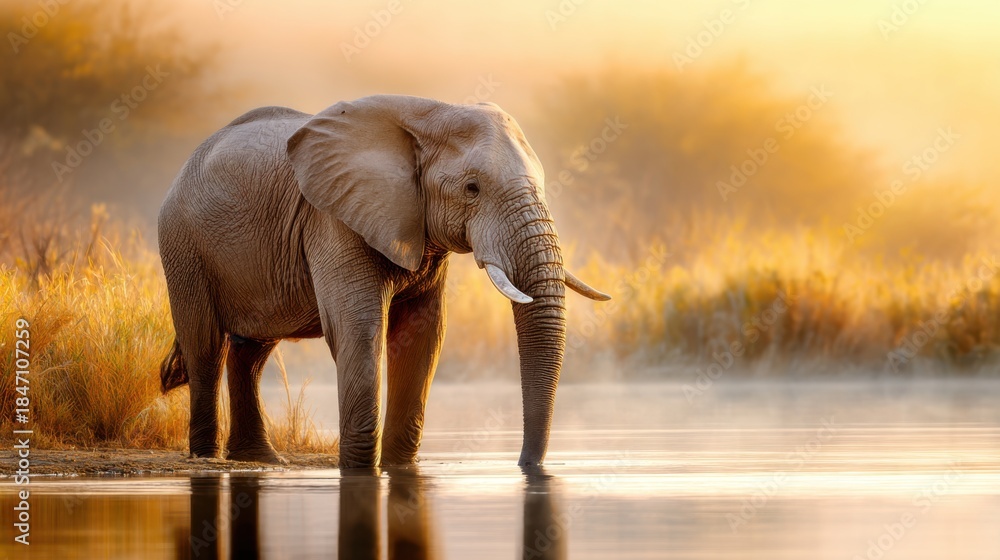 Obraz premium giant elephant drinking water from river at sunrise, warm soft light, golden mist, detailed skin texture, natural wildlife scene