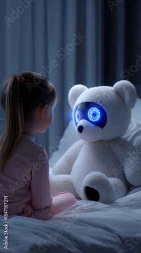 Little girl talking to AI powered teddy bear, glowing eyes, bedtime atmosphere, futuristic toy interaction