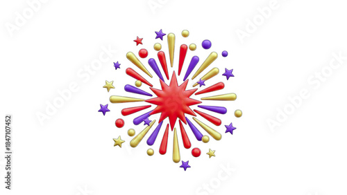 3D Fireworks Bursting with Stars and Colors on White Background