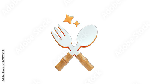 3D Fork and Spoon with Stars on White Background