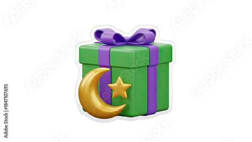 3D Gift Box with Crescent Moon and Star for Islamic Celebration