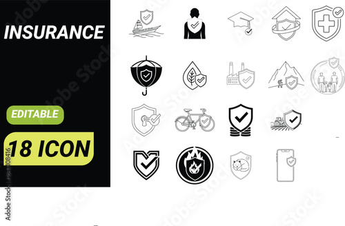 Insurance Protection Icons Set – Editable Line and Solid Shield Symbols for Health, Life, Property, Travel and Business