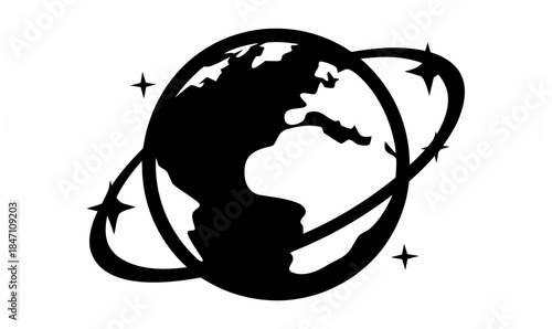 Planet Earth silhouette with a vibrant, magical orbiting line, representing global movement, innovation, and futuristic concepts.