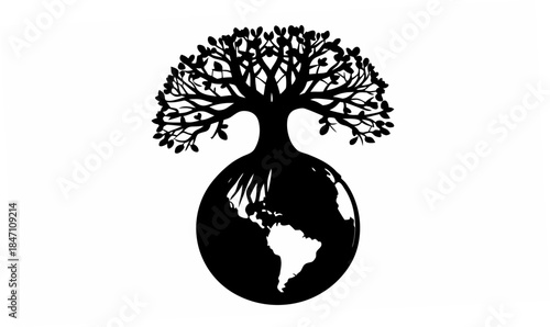 A mystical Tree of Life flourishes from an Earth globe silhouette, representing growth, connection, and the vibrant energy of nature.