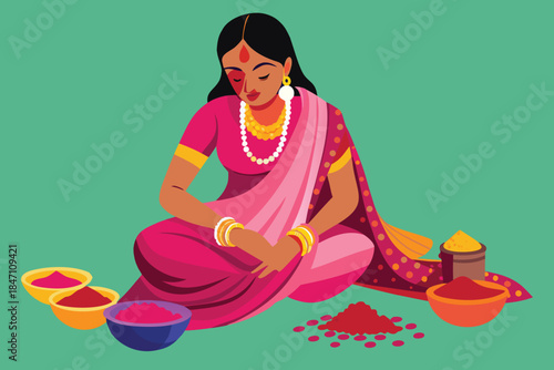 Woman Applying Henna on Hand with Colorful Powders traditional