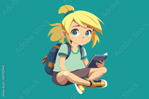 Young girl with blonde hair sitting cross-legged using a tablet with a backpack pigtails