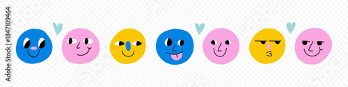 Round abstract comic Faces with various Emotions. Crayon drawing style. Different colorful characters. Cartoon style. Flat design. Hand drawn trendy Vector illustration.