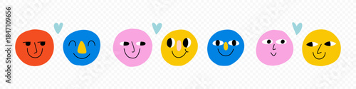 Round abstract comic Faces with various Emotions. Crayon drawing style. Different colorful characters. Cartoon style. Flat design. Hand drawn trendy Vector illustration.