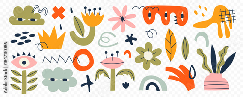 Set of trendy doodle shapes and abstract nature icons on isolated white background. Big collection, fashion elements in freehand childish cartoon style. Includes floral art, shapes, tropical fruits.