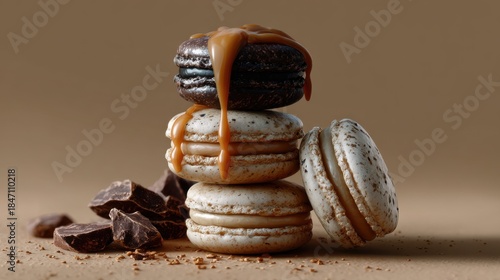 A pile of macarons, one with different toppings, white, chocolate, with pieces of dark chocolate on the table next to them, neutral background, product photography.
