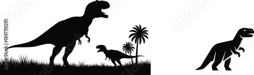 Two Black Dinosaur Silhouettes with Foliage and a Small Figure