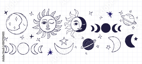 Celestial Magic Doodles. Textured Hand-Drawn Sun, Moon, Crescent and Stars. Outline Magical Set. Isolated Vector Mystical Space Drawings on checkered background