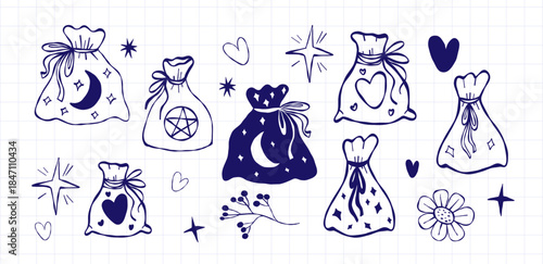 Mystical Witch Pouch Doodle Set. Magic Witchcraft Bag with Occult Symbol Pentagram, Heart and Crescent Moon, Mystic Herbal Pouch. Isolated Outline Vector Textured Hand Drawn