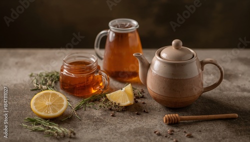 Warm Tea Set with Lemon, Honey and Herbs on Natural Background