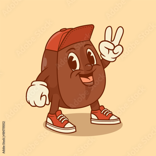 Retro rubber hose style coffee bean mascot vector. Vintage cartoon character in red cap