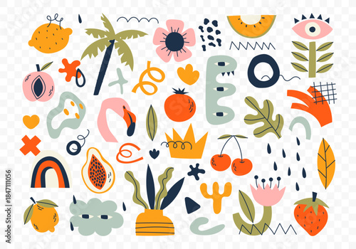 Set of trendy doodle shapes and abstract nature icons on isolated white background. Big collection, fashion elements in freehand childish cartoon style. Includes floral art, shapes, tropical fruits.