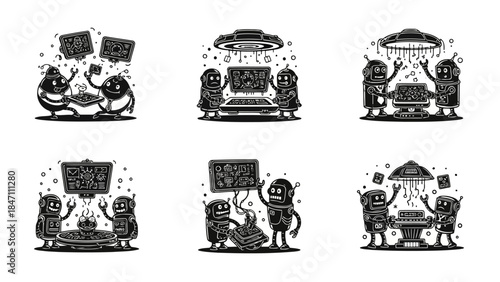 Set of black and white cartoon robots working with advanced technology and discussing solutions to complex problems under alien supervision