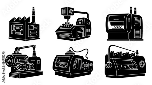 Industrial factory building with production machinery black and white silhouettes collection showing automated manufacturing processes and advanced robotic equipment