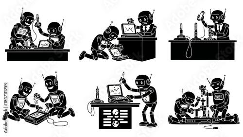 Robot characters engaging in various technical activities like repairing devices, programming laptops, and performing maintenance tasks