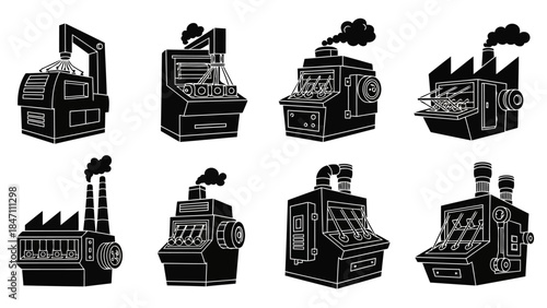 Industrial factory machinery icons set features essential equipment for manufacturing processes and production lines with automated systems and heavy duty mechanisms