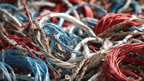 Pile of discarded tangled wires in blue, white, red, and brown colors.