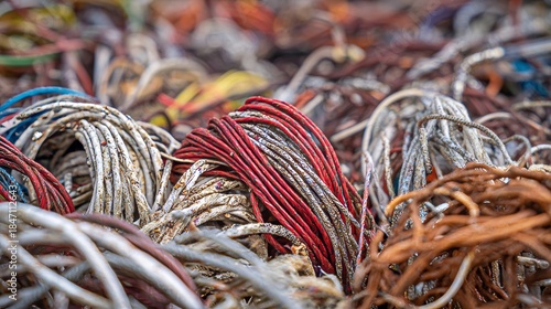 Pile of discarded tangled wires in blue, white, red, and brown colors.