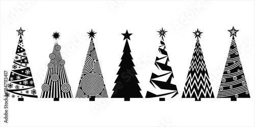 Assortment of Black and White Christmas Tree Graphics with Star Toppers Keywords: Christmas tree, silhouette, black and white