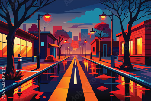 Vibrant sunset street scene with reflections and cityscape background buildings