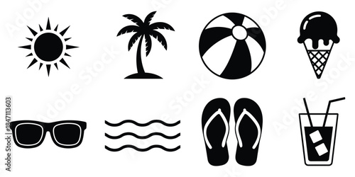 Black and white icons representing summer vacation elements Keywords: summer, vacation, beach, sun, palm tree, beach ball, ice