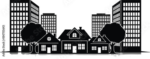 Black silhouette of a street with houses and skyscrapers buildings