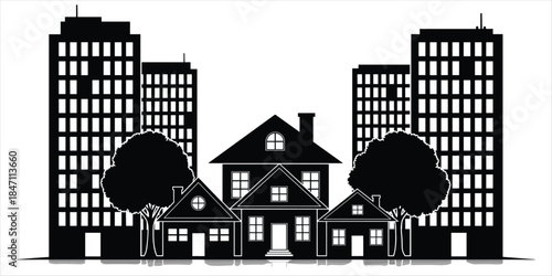 Black silhouette of a suburban street with houses and tall buildings vector illustration
