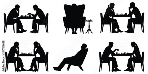 Chess Player Silhouettes In Various Poses On White Background game strategy
