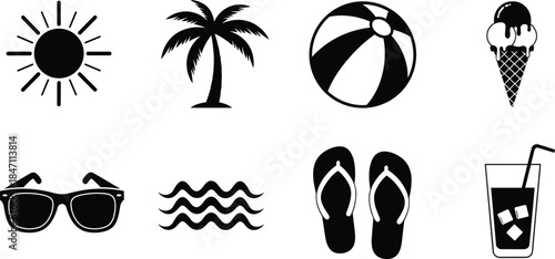 Collection of black and white summer vacation icons on white background Keywords: summer, vacation, sun, palm tree, beach ball