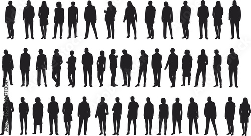 Collection of diverse male and female human silhouettes in standing poses on white background Keywords: people, human