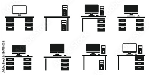 Computer Desk Workstation Icons Silhouette Set office technology
