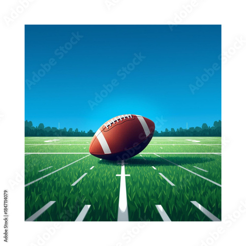 American football on a green field with white markings under blue sky
