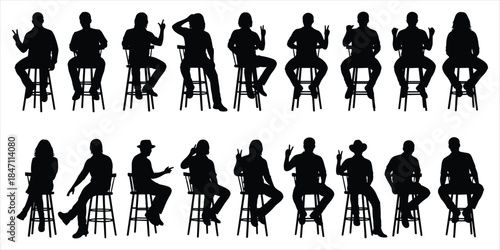 Diverse group of people silhouettes sitting on bar stools in various poses chair