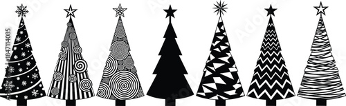 Diverse Black and White Christmas Tree Silhouettes with Festive Patterns Keywords: Christmas tree, silhouette, black and white