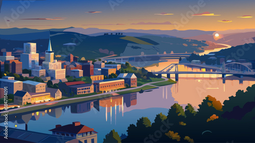 Very beautiful aerial view of Wheeling, West Virginia at dusk, featuring the Ohio River glowing softly, city lights reflecting on calm water, and a serene urban landscape from high perspective.