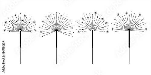 Four Black Outline Sparklers with Starburst and Dot Patterns on White Keywords: sparkler, firework, celebration, festive