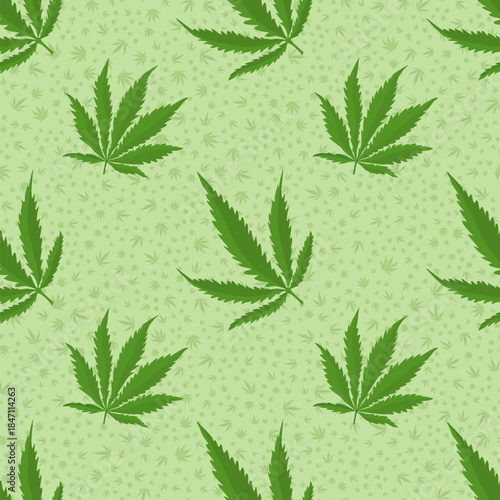 Vector seamless pattern with many small cannabis leaves and bright large leaves on a light green background, suitable for cbd, medical, packaging, textile, and branding use.