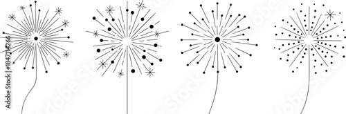 Four Stylized Dandelion Seed Head Illustrations On White Background Keywords: dandelion, seed head, flower, plant, nature