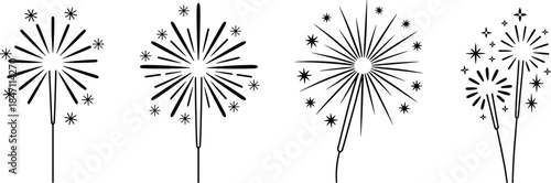 Four Stylized Sparkler Illustrations On White Background Keywords: sparkler, firework, celebration, holiday, event, new year