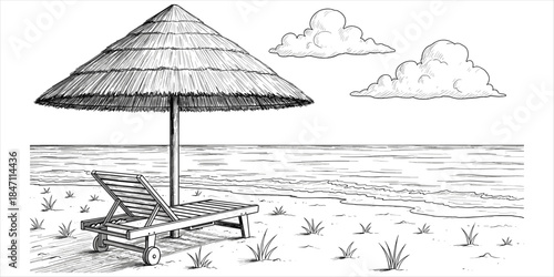 Hand-drawn sketch of a beach scene with a thatched umbrella and lounge chair Keywords: beach, ocean, sea, waves, sand, lounge