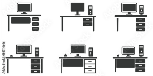 Set of Six Silhouette Icons of Computer Desks with Monitors and Towers workstation office