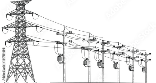 Power Transmission Tower and Utility Poles with Transformers and Wires power lines electricity